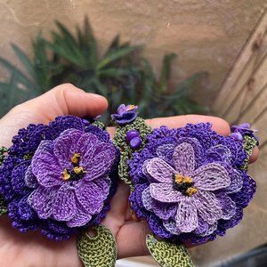 Purple, Crochet Amethyst Necklace, Flower Bib Necklace, Statement Neck Accessory